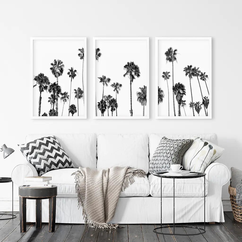 Black White Palm Trees Wall Art Triptych. Boho Beach