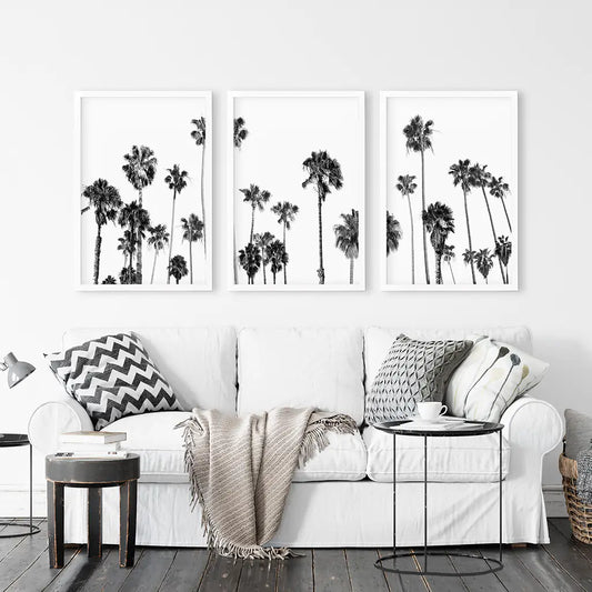 Black White Palm Trees Wall Art Triptych. Boho Beach