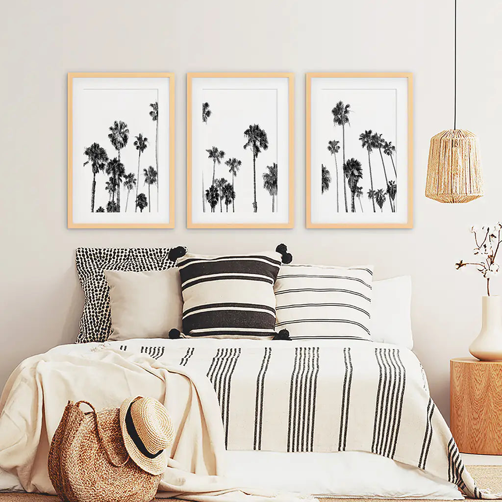 Black White Palm Trees Wall Art Triptych. Boho Beach