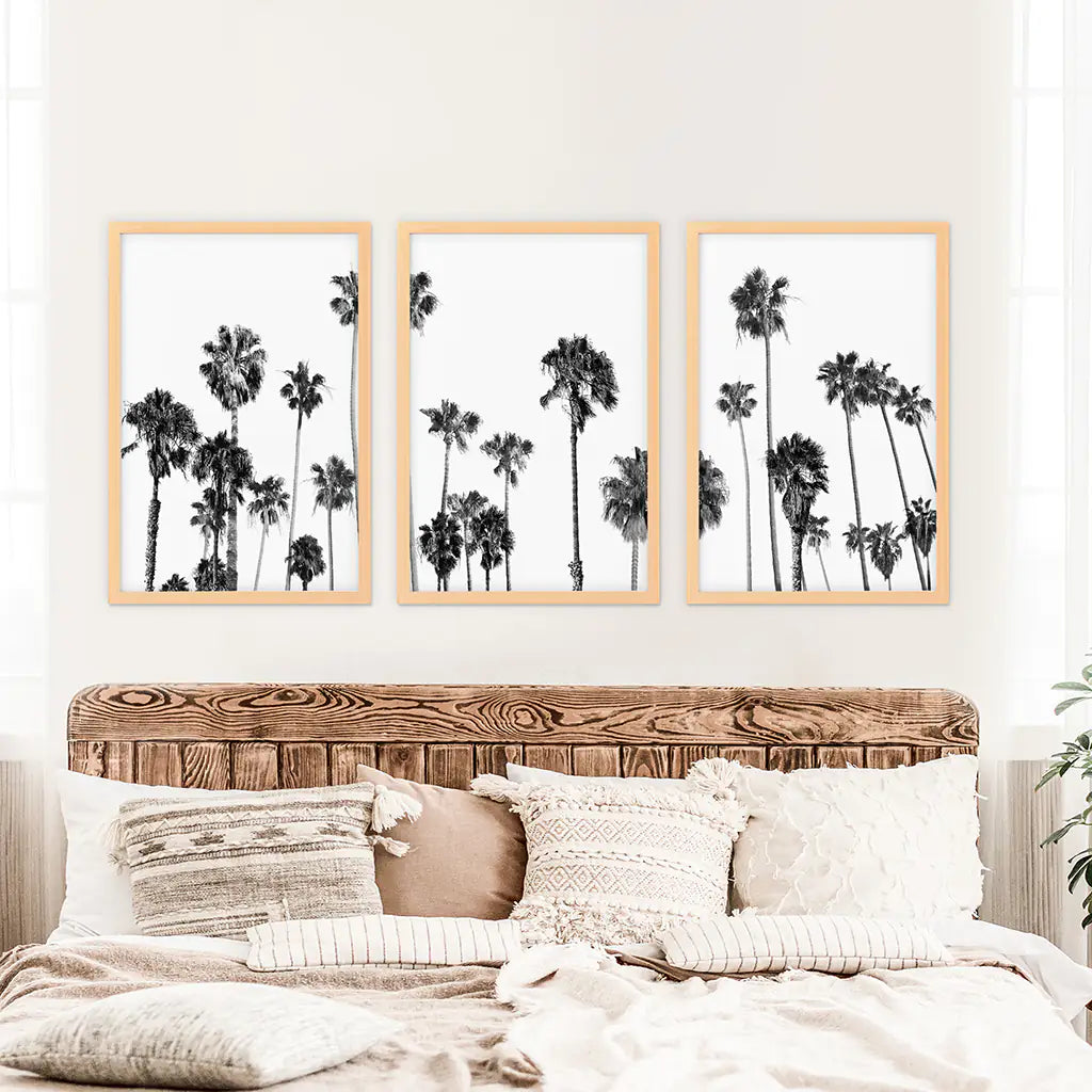 Black White Palm Trees Wall Art Triptych. Boho Beach