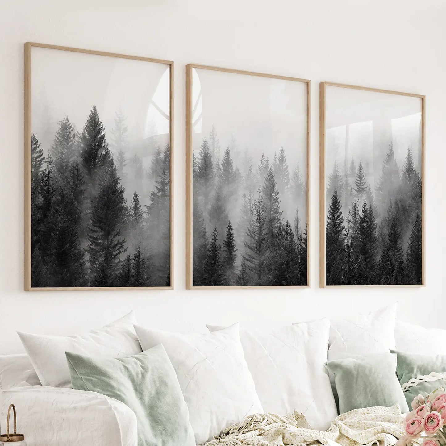 Set of 3 black and white misty pine forest prints