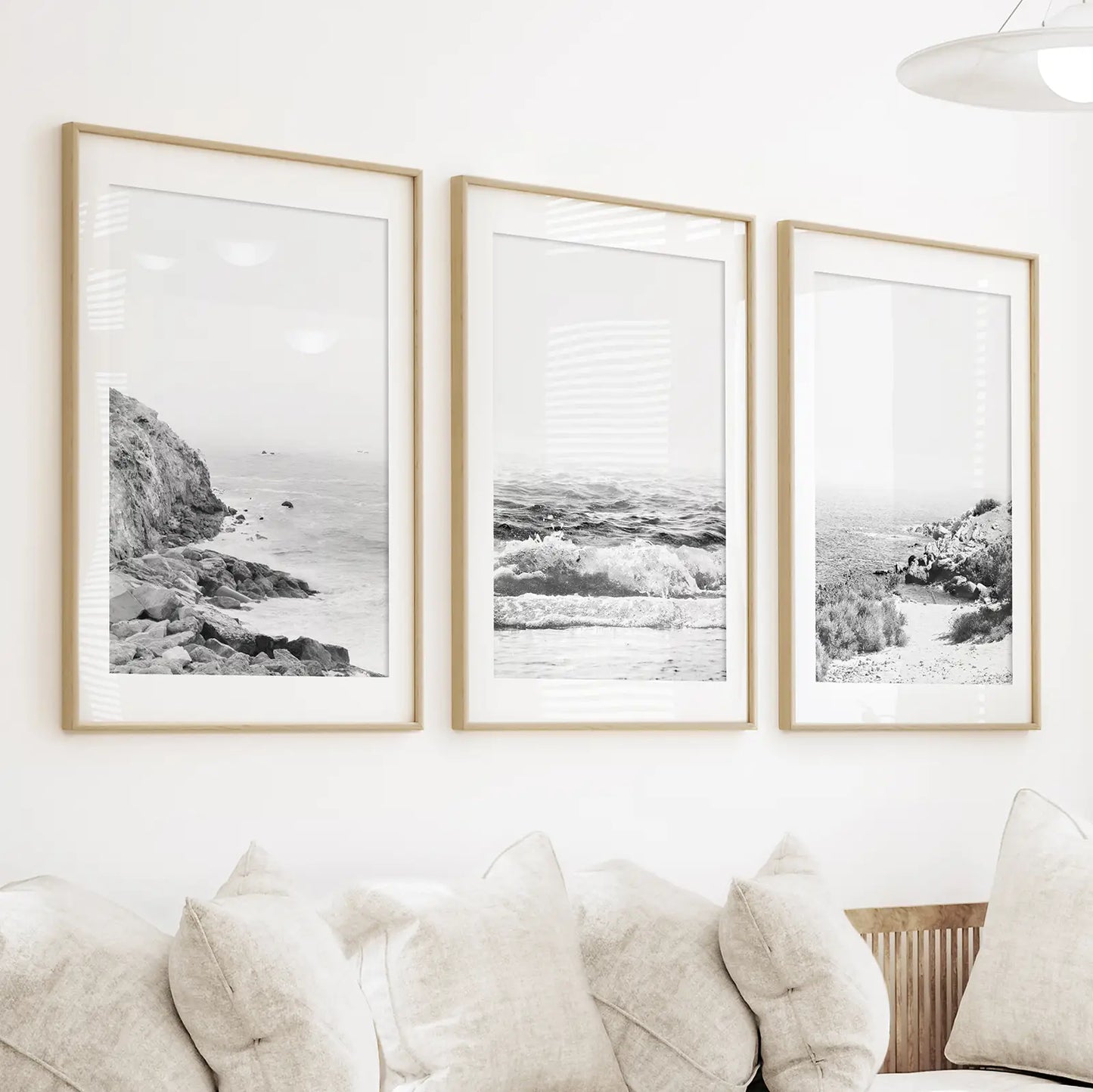 Black White Coastal Wall Art Set of 3. Waves, Rocky Beach