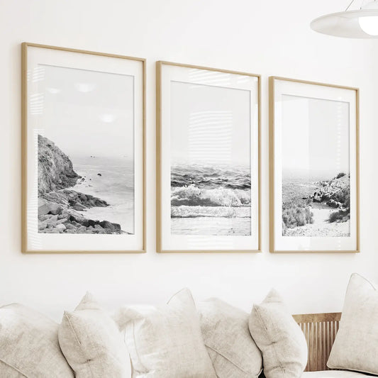 Black White Coastal Wall Art Set of 3. Waves, Rocky Beach
