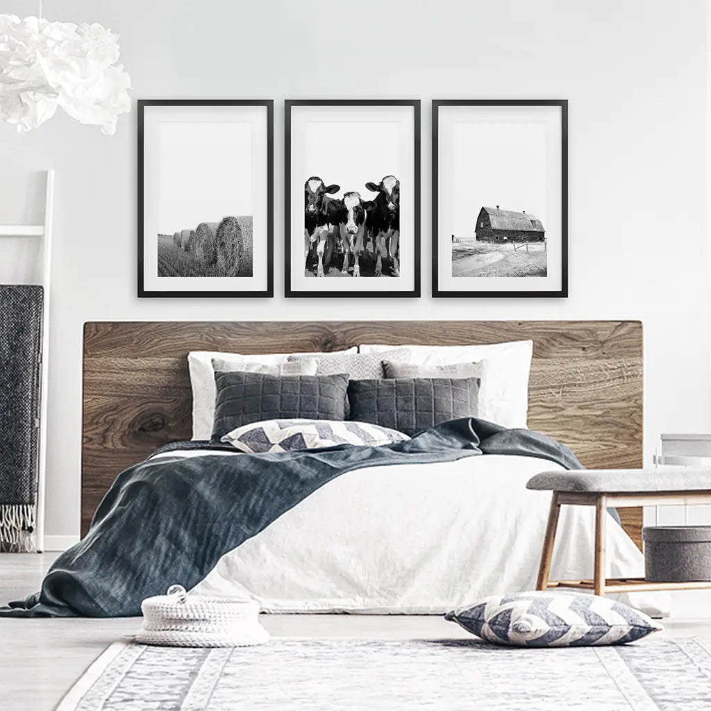 Black White Farm Wall Art Set of 3. Cow, Hay Bale, Barn