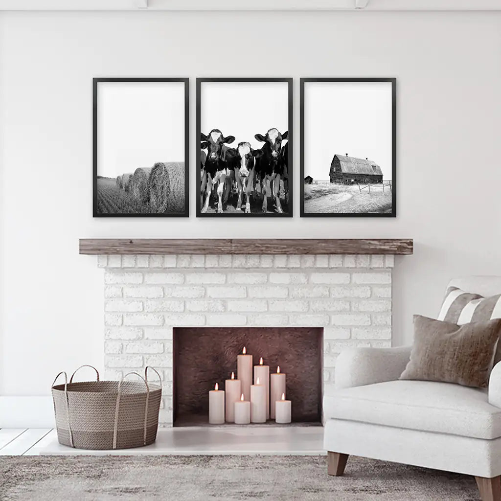 Black White Farm Wall Art Set of 3. Cow, Hay Bale, Barn