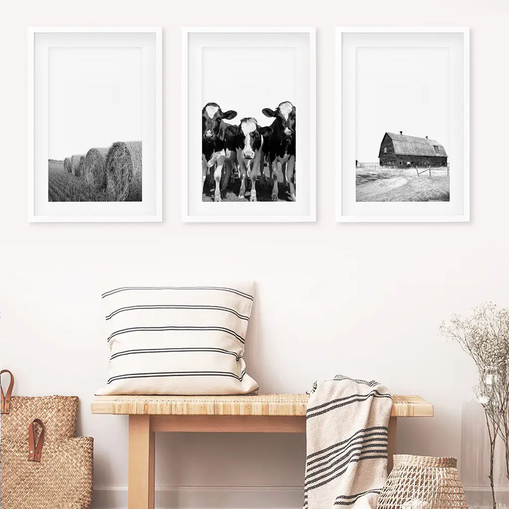 Black White Farm Wall Art Set of 3. Cow, Hay Bale, Barn