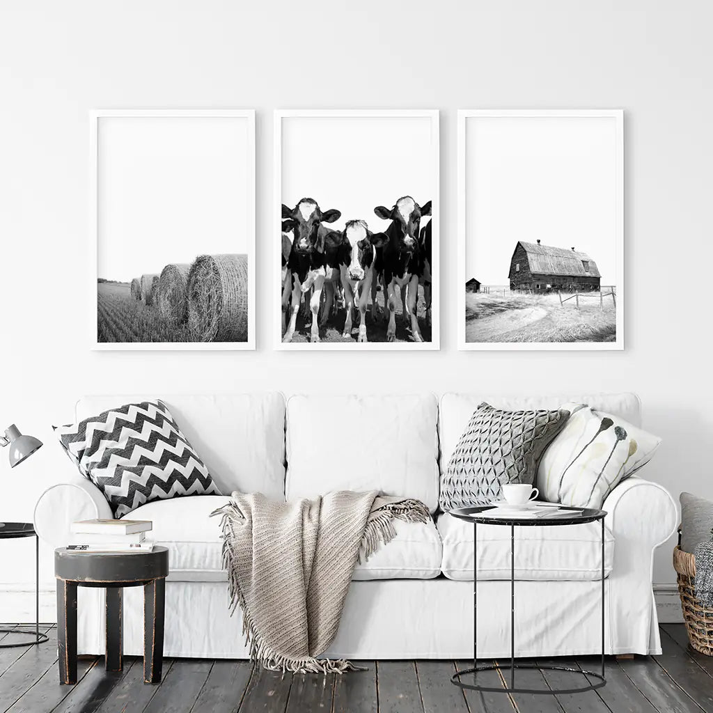 Black White Farm Wall Art Set of 3. Cow, Hay Bale, Barn