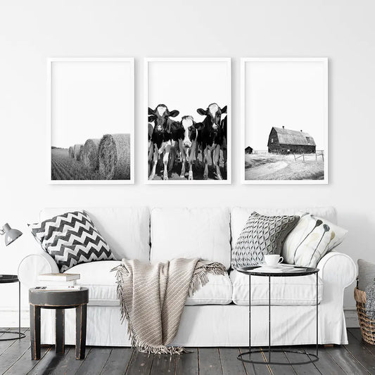 Black White Farm Wall Art Set of 3. Cow, Hay Bale, Barn
