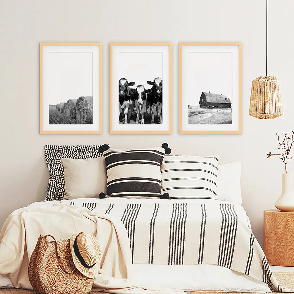 Black White Farm Wall Art Set of 3. Cow, Hay Bale, Barn