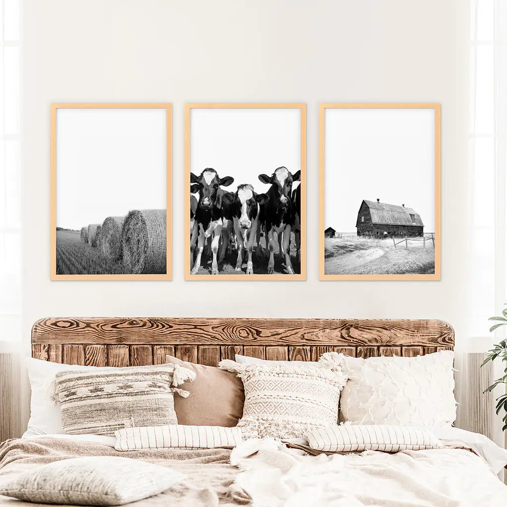 Black White Farm Wall Art Set of 3. Cow, Hay Bale, Barn