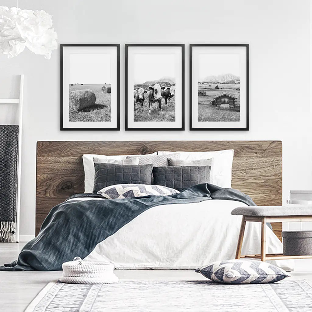 Black and White Farmhouse Wall Art Set - Cows, Barn, Field