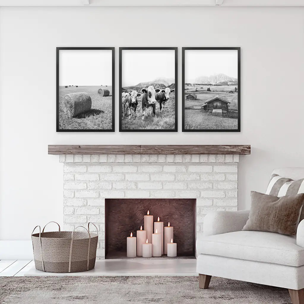 Black and White Farmhouse Wall Art Set - Cows, Barn, Field