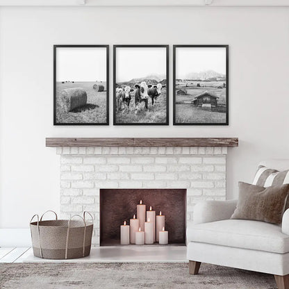 Black and White Farmhouse Wall Art Set - Cows, Barn, Field