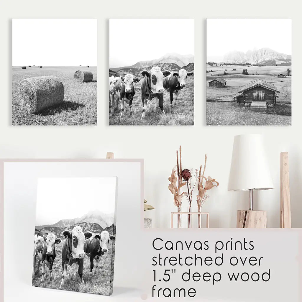Black and White Farmhouse Wall Art Set - Cows, Barn, Field
