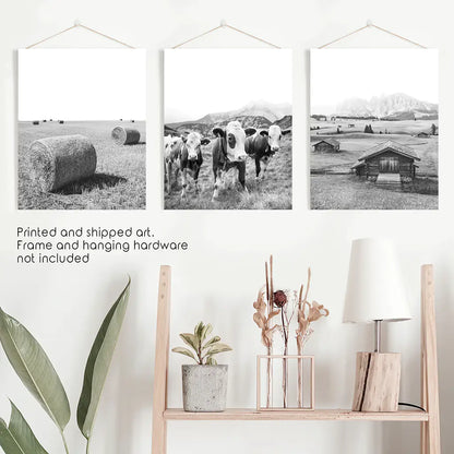 Black and White Farmhouse Wall Art Set - Cows, Barn, Field