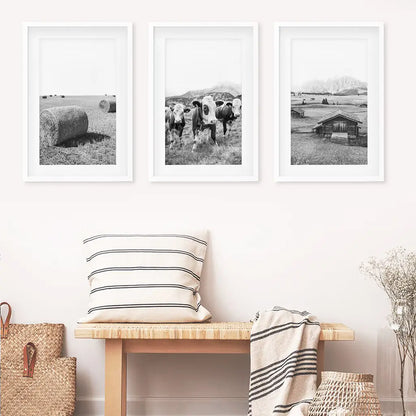 Black and White Farmhouse Wall Art Set - Cows, Barn, Field