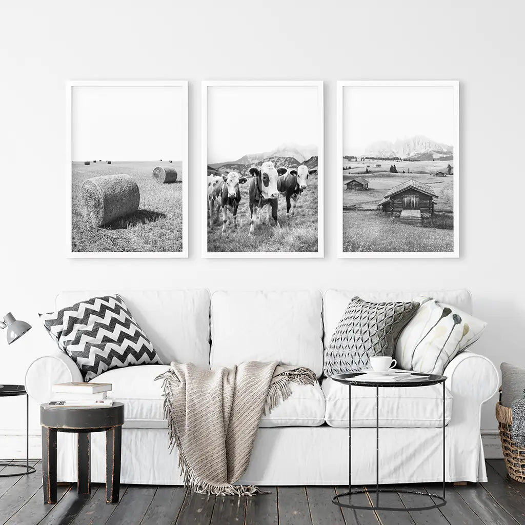 Black and White Farmhouse Wall Art Set - Cows, Barn, Field