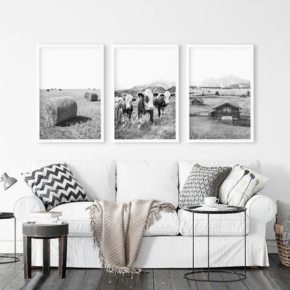Black and White Farmhouse Wall Art Set - Cows, Barn, Field