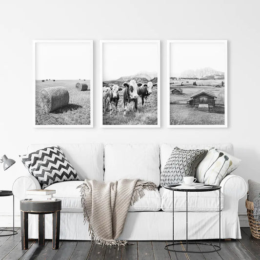 Black and White Farmhouse Wall Art Set - Cows, Barn, Field