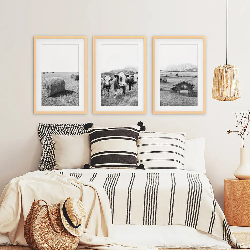 Black and White Farmhouse Wall Art Set - Cows, Barn, Field