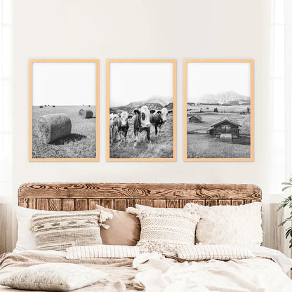Black and White Farmhouse Wall Art Set - Cows, Barn, Field