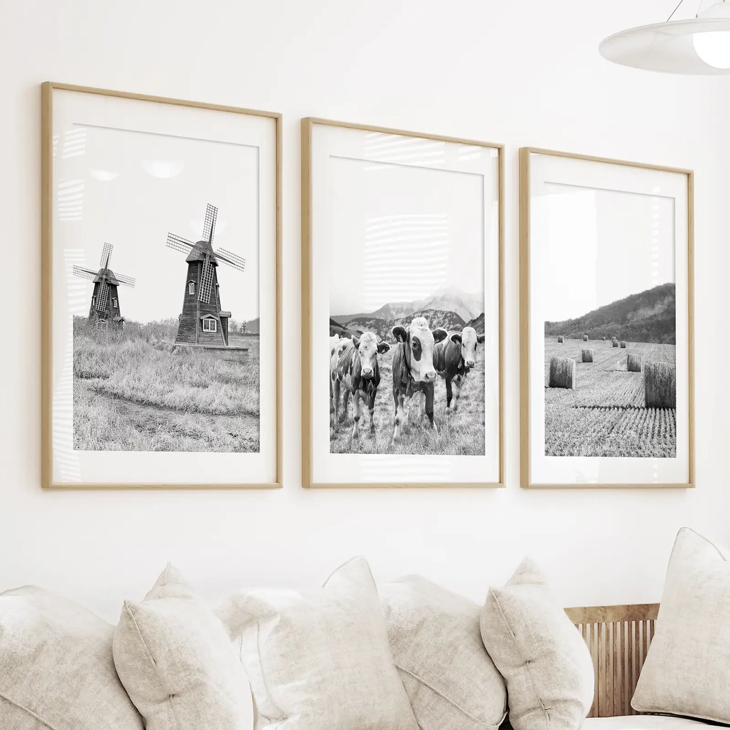 Black White Farmhouse Wall Art Set of 3. Windmill, Cows