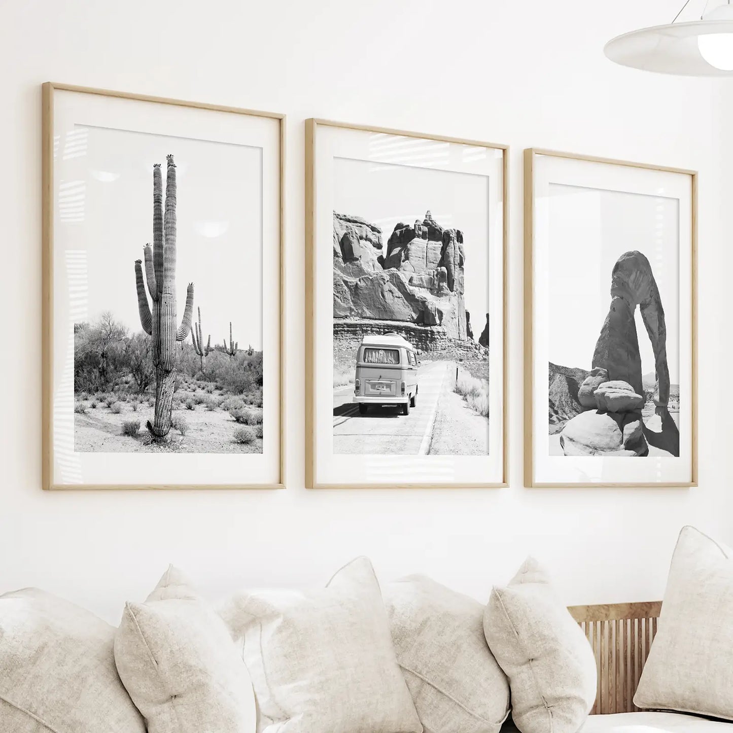 Black White Desert Wall Art Set of 3. Cactus, Arches, Bus