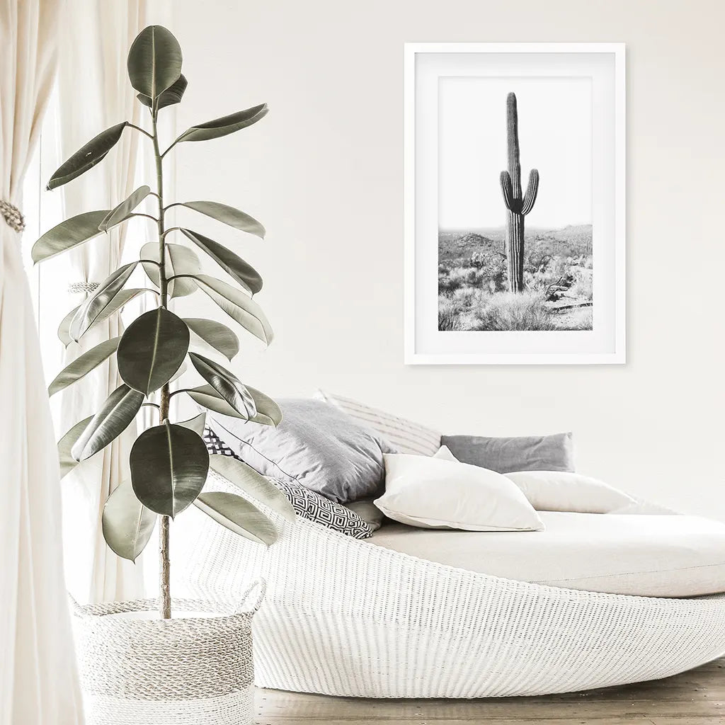 Saguaro Cactus Wall Art Print, Black White Desert Decor