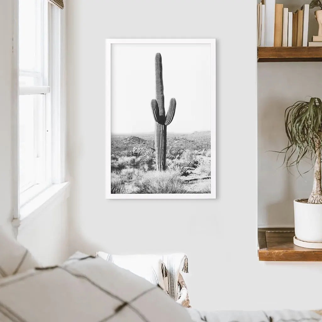 Saguaro Cactus Wall Art Print, Black White Desert Decor