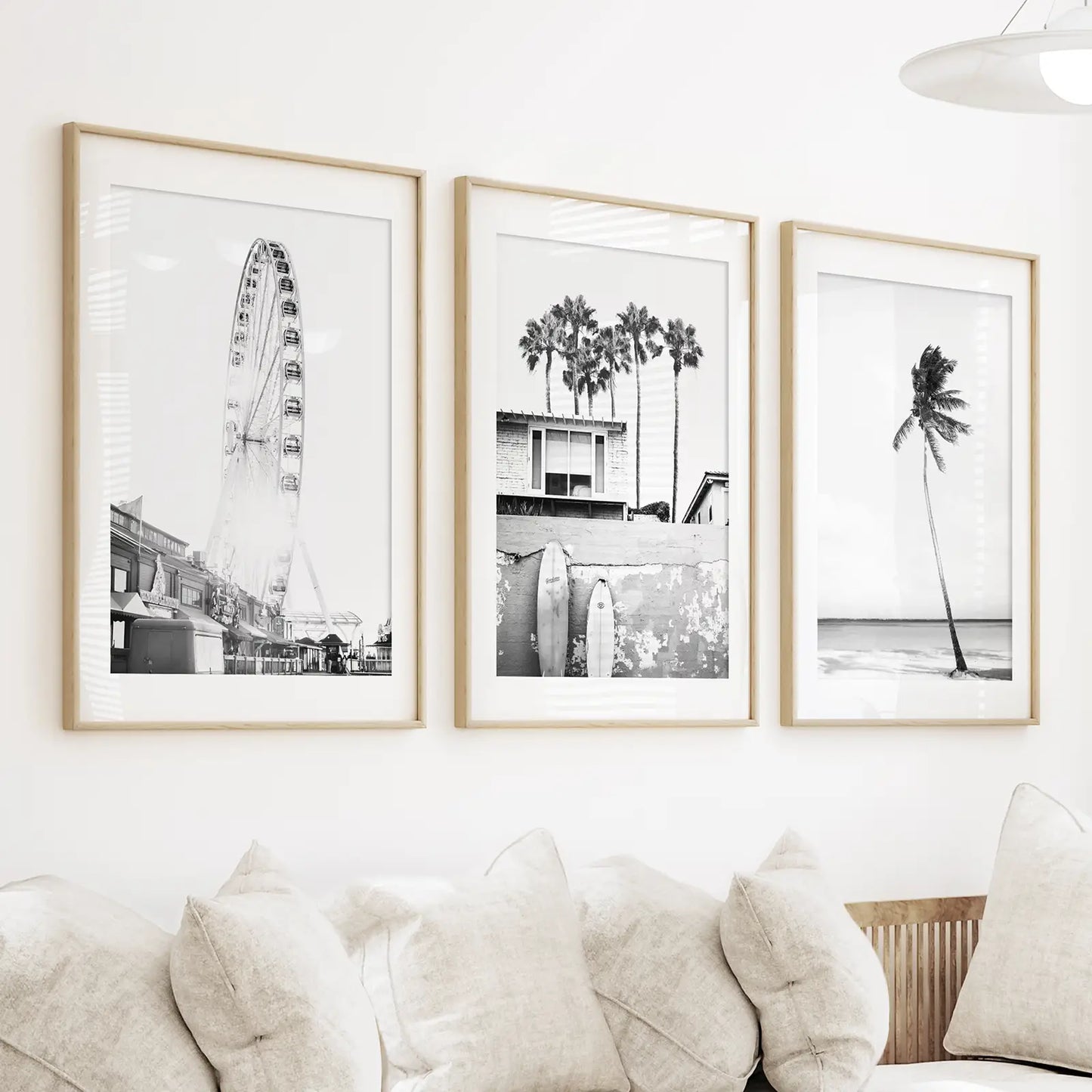 Black White Coastal Wall Art Set of 3. Ferris Wheel, Palm