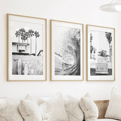 Black and White Surf Wall Art Set, 3 Piece Coastal Prints