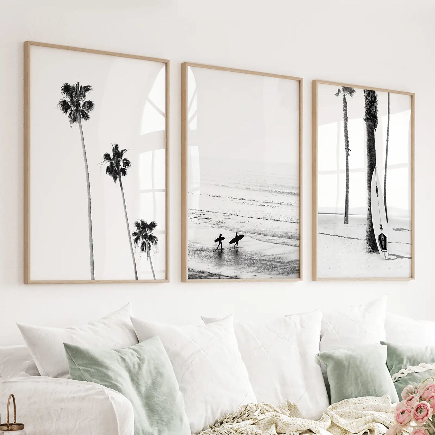 Set of 3 black and white surf and ocean wave prints