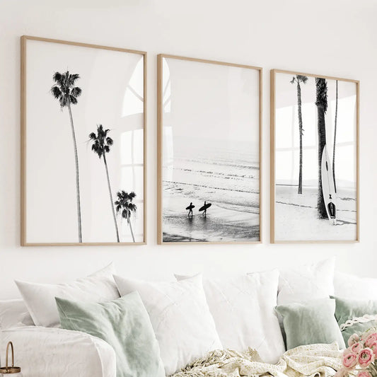 Set of 3 black and white surf and ocean wave prints