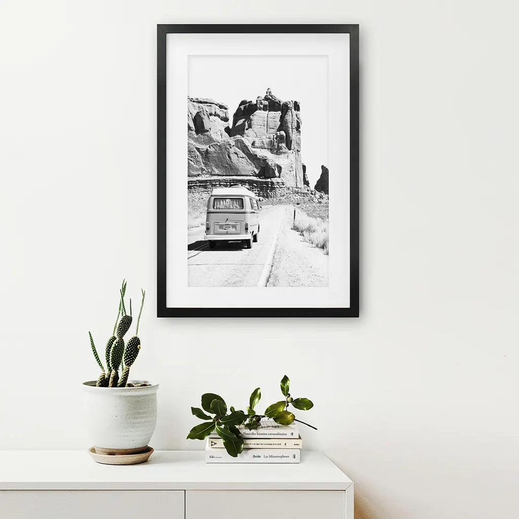 Black and White Van Camper Poster - Utah Desert Wall Art