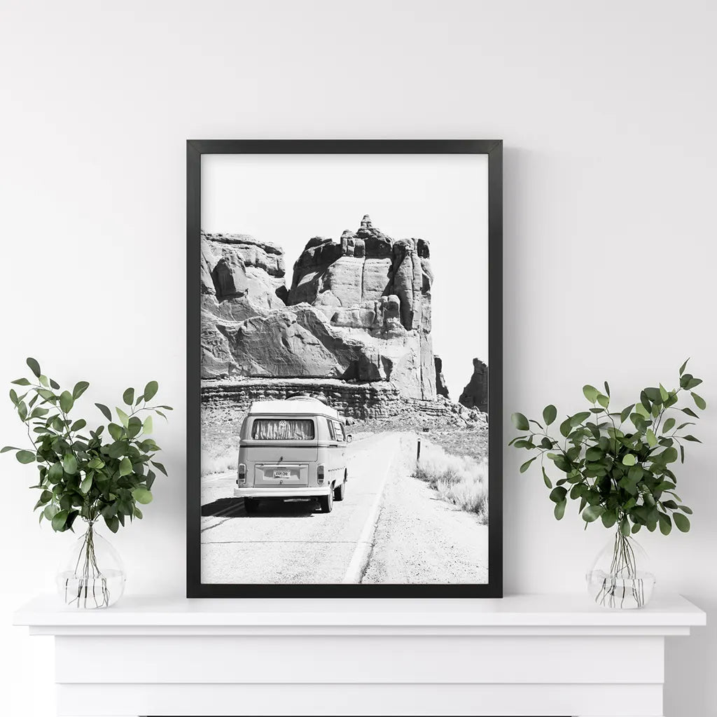 Black and White Van Camper Poster - Utah Desert Wall Art
