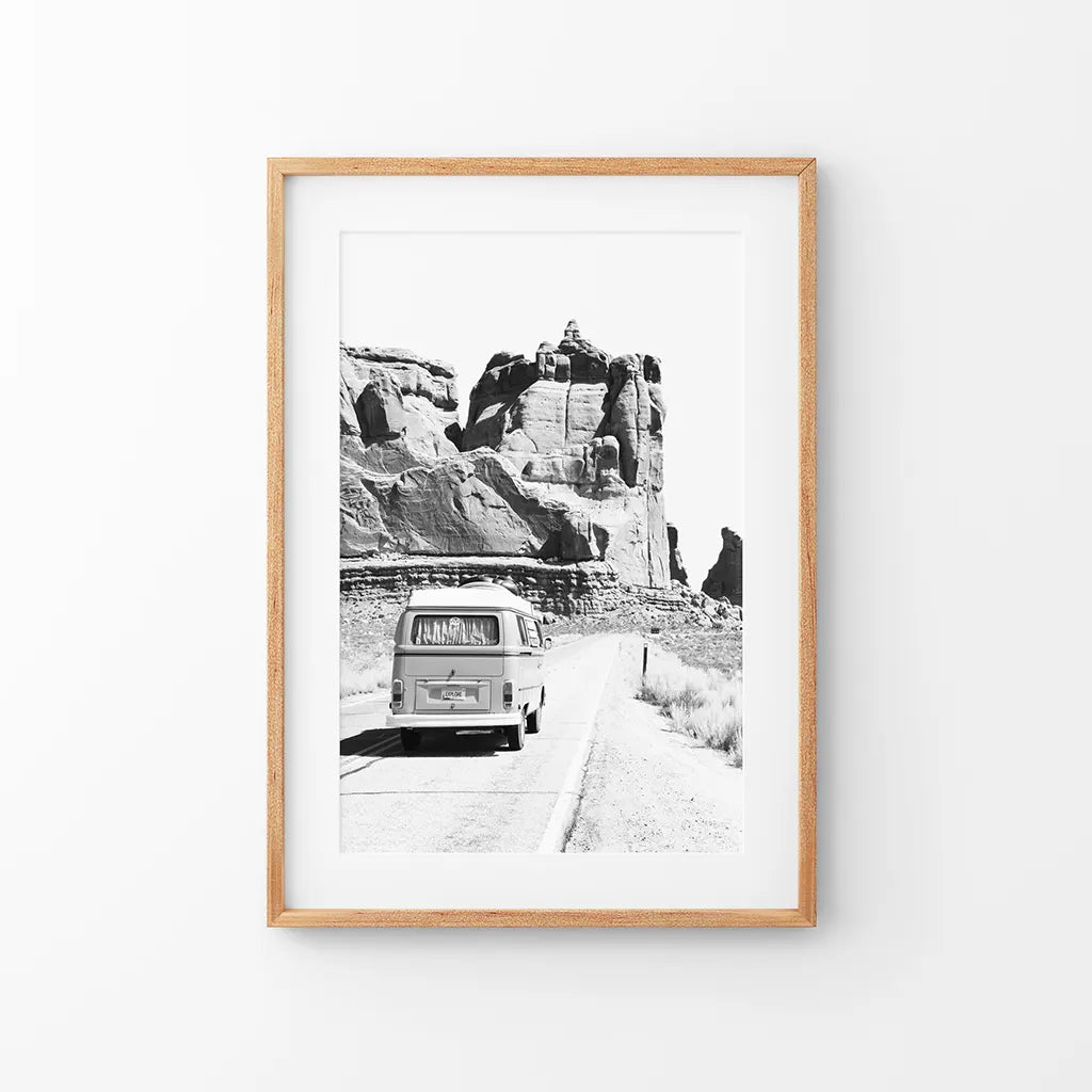 Black and white van camper poster in Utah desert landscape