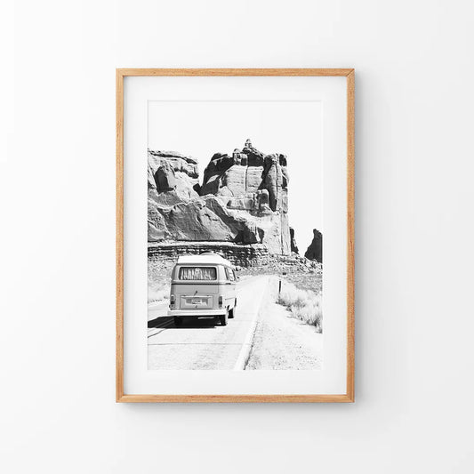 Black and white van camper poster in Utah desert landscape