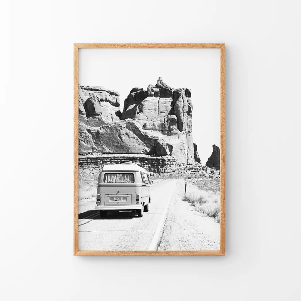 Black and White Van Camper Poster - Utah Desert Wall Art