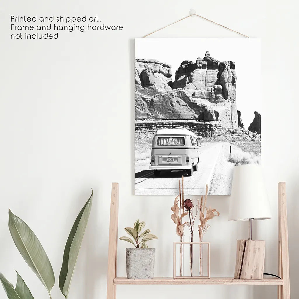 Black and White Van Camper Poster - Utah Desert Wall Art