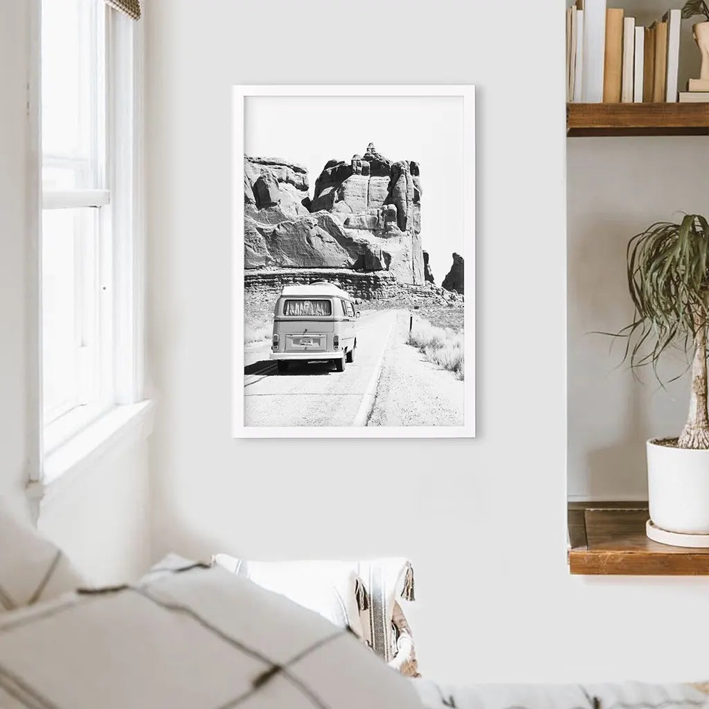 Black and White Van Camper Poster - Utah Desert Wall Art