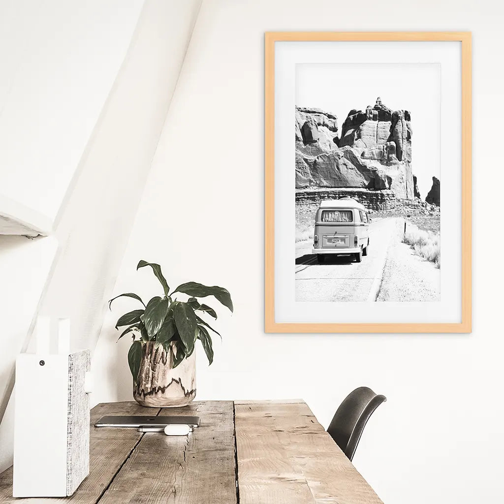 Black and White Van Camper Poster - Utah Desert Wall Art