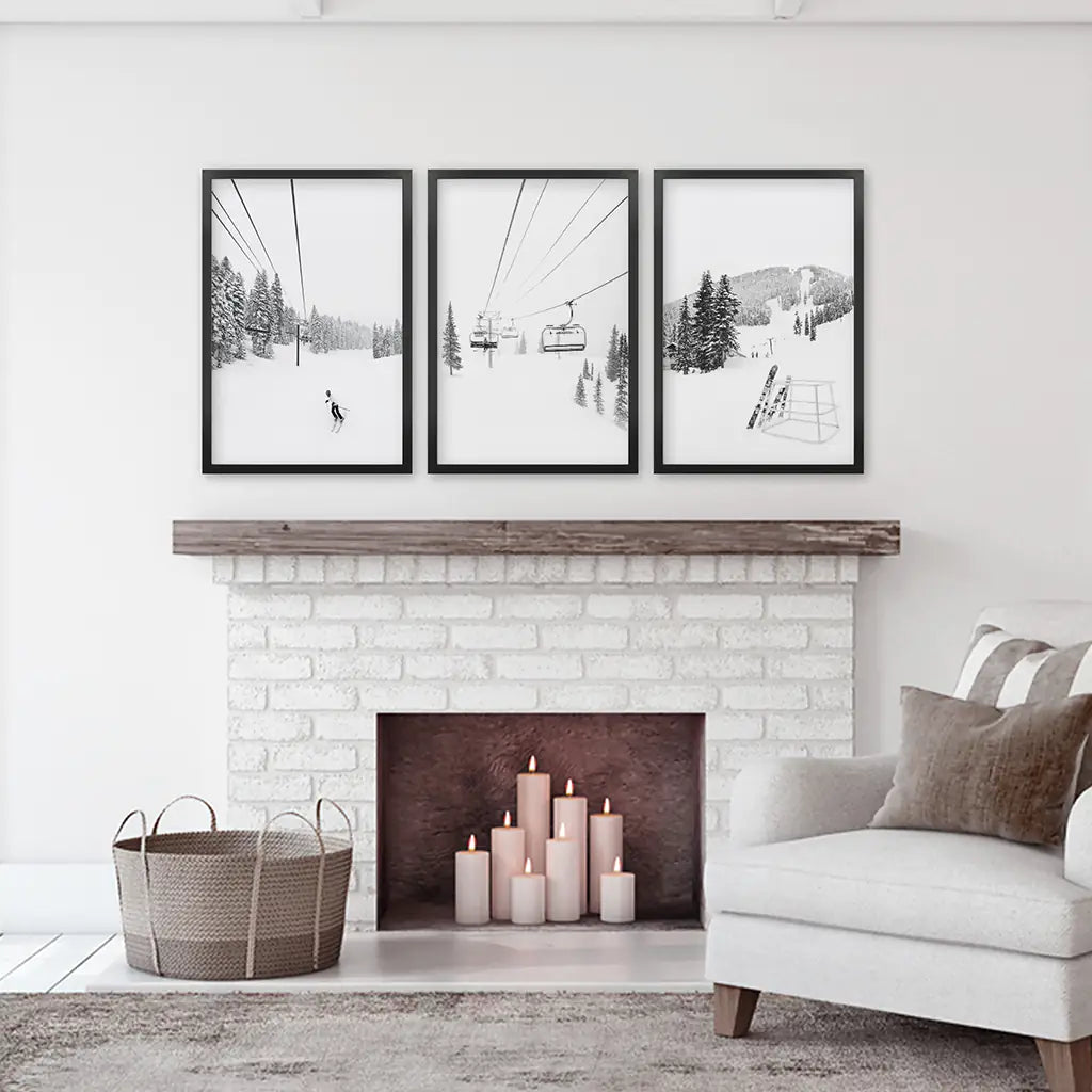Black and White Ski Lodge Wall Art Set of 3