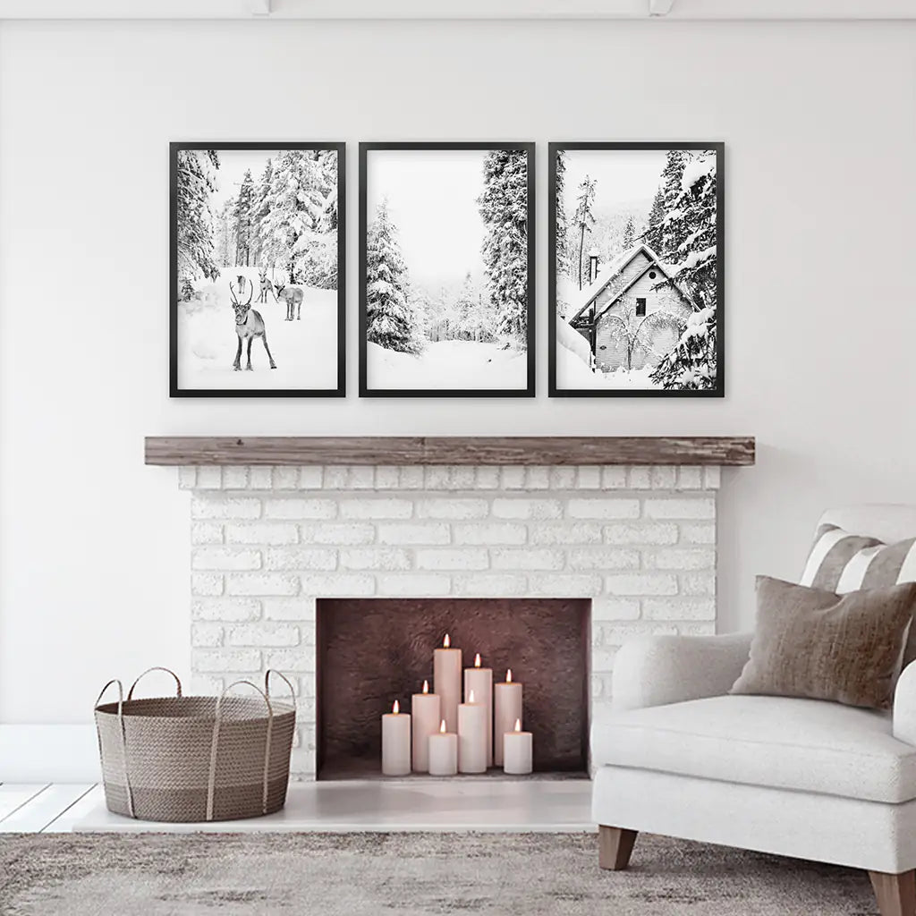 Black and White Winter Woodland Wall Art Set of 3