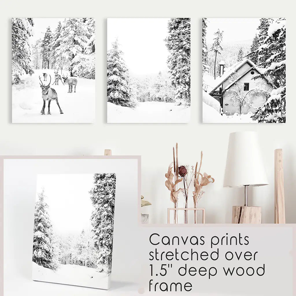 Black and White Winter Woodland Wall Art Set of 3