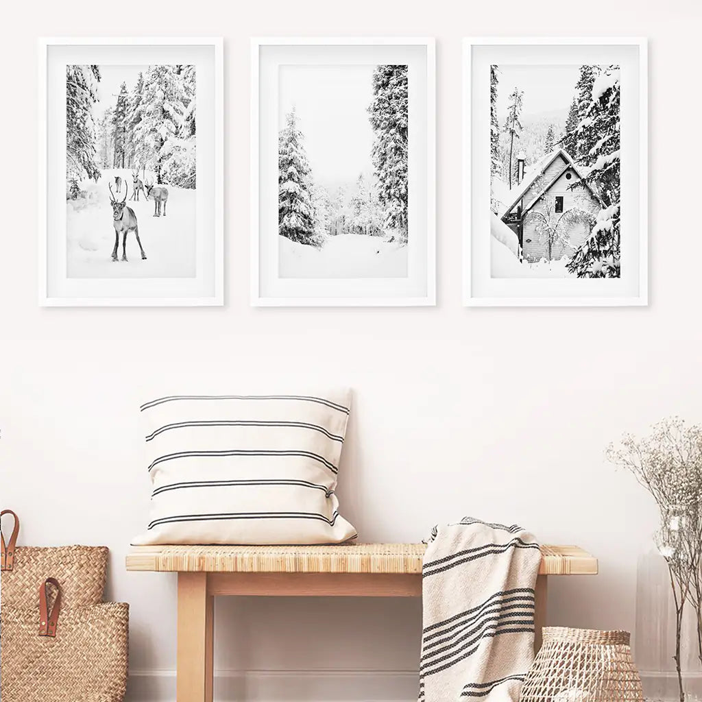 Black and White Winter Woodland Wall Art Set of 3