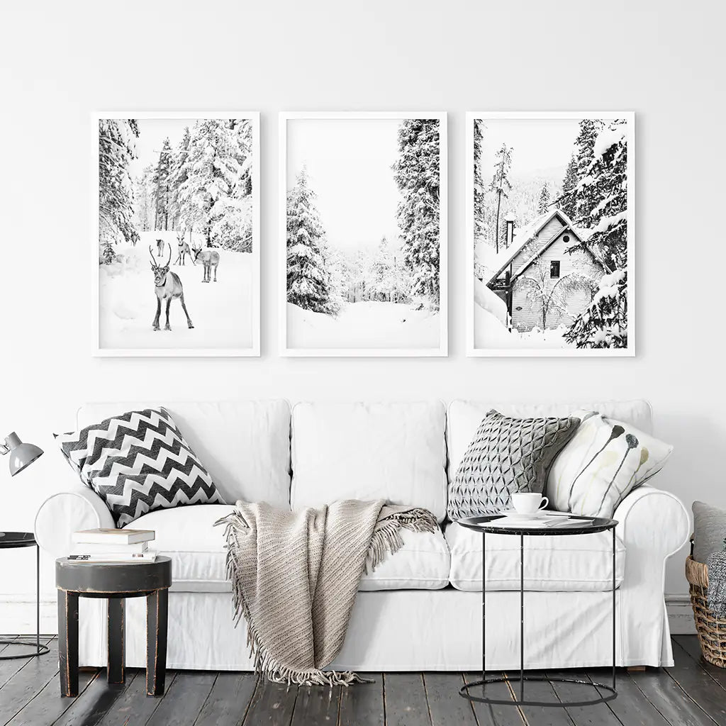 Black and White Winter Woodland Wall Art Set of 3