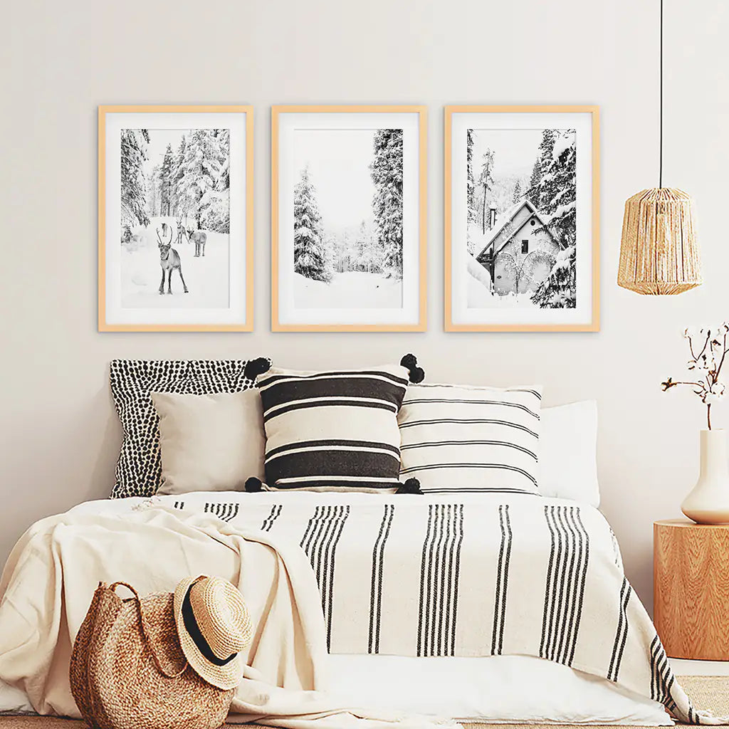 Black and White Winter Woodland Wall Art Set of 3