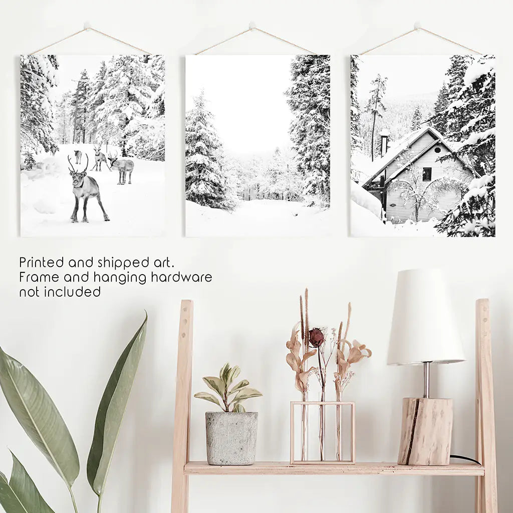 Black and White Winter Woodland Wall Art Set of 3
