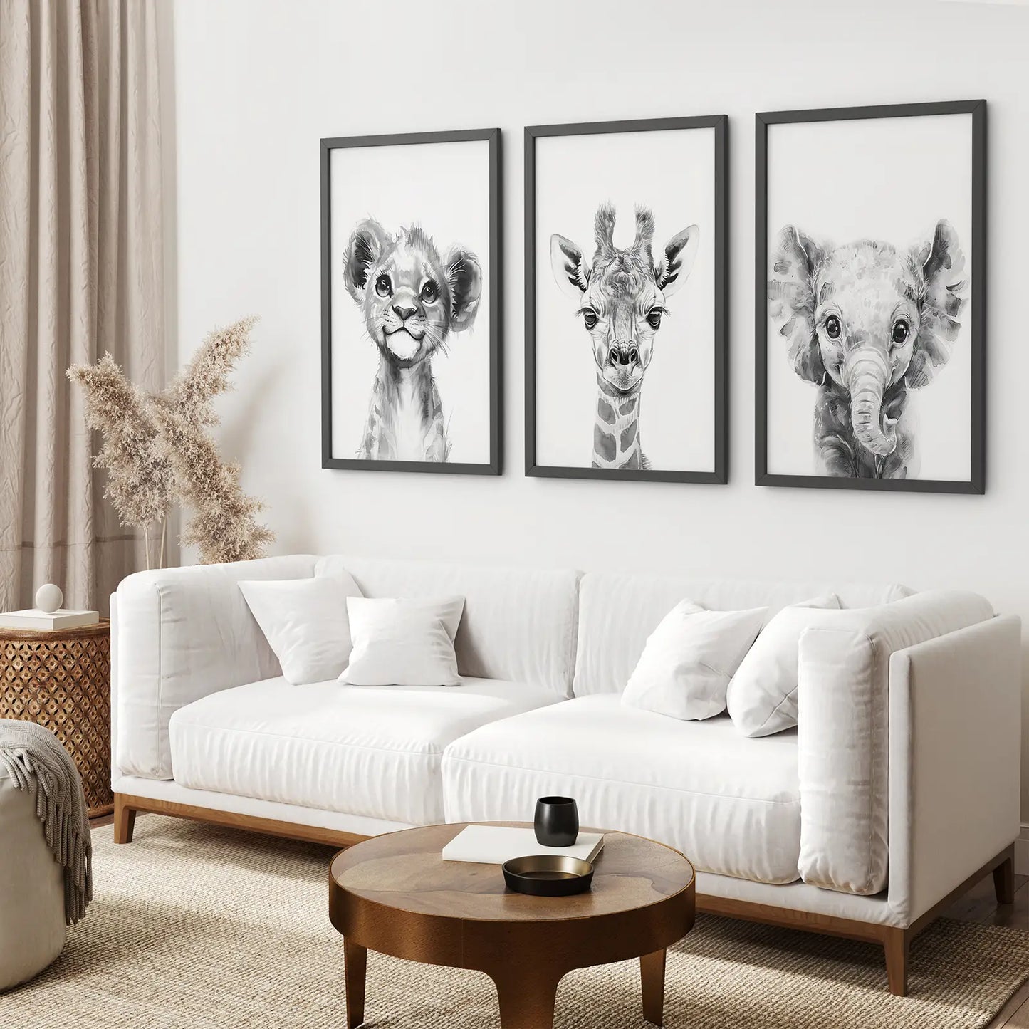 Black and White Jungle Nursery Wall Art Set of 3 - Lion, Giraffe, Elephant