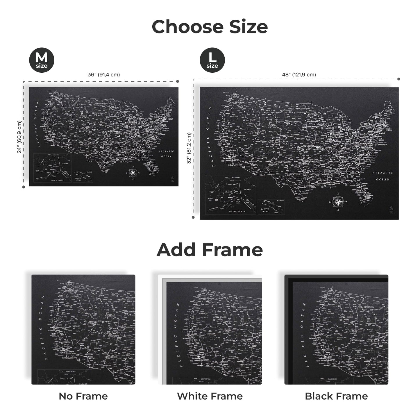 Black Canvas USA Map Wall Art